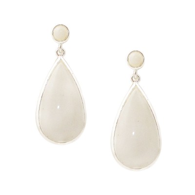 Sterling Silver Earring White Agate Round Top & Teardrop