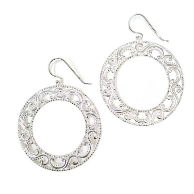 SS Earring 39Mm Open Circle With Filigree Around, Silver