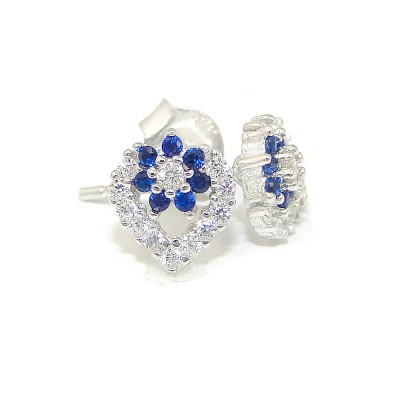 Sterling Silver Earring Open Clear Cubic Zirconia Heart with Blue Cubic Zirconia Flower
