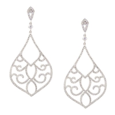 Sterling Silver Earring Clear Cubic Zirconia Teardrop with Filigree inside