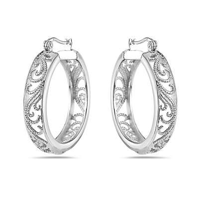 Sterling Silver Earring Open Circle Filigree Hoop Latch Back