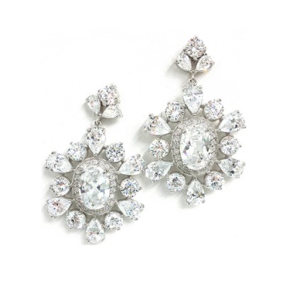 SS Earring Oval, Teardrop & Round Clear Cz, Clear
