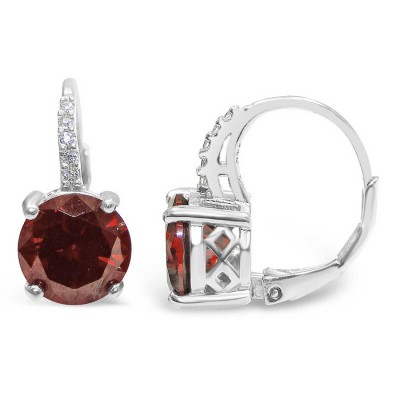 STERLING SILVER EARRING 8MM ROUND GARNET CUBIC ZIRCONIA ON CUBIC ZIRCONIA LEVER BACK