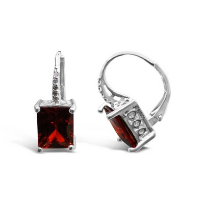 STERLING SILVER EARRING 9X7MM RECTANGLE GARNET CUBIC ZIRCONIA