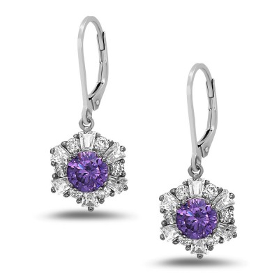 STERLING SILVER EARRING FLOWER BAGUETTE AMETHYST CUBIC ZIRCONIA CENTER