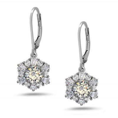 STERLING SILVER EARRING FLOWER BAGUETTE CLEAR CUBIC ZIRCONIA
