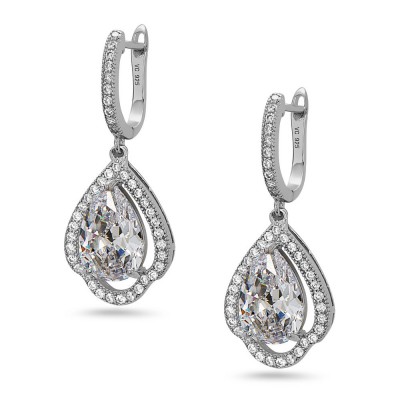 STERLING SILVER EARRING TEAR DROP CLEAR CUBIC ZIRCONIA +CZ HOOP TOP