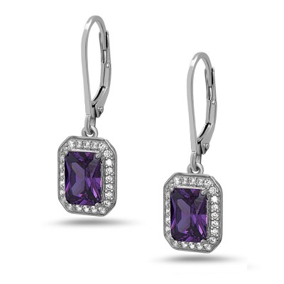 STERLING SILVER EARRING RECTANGULAR AMETHYST CUBIC ZIRCONIA