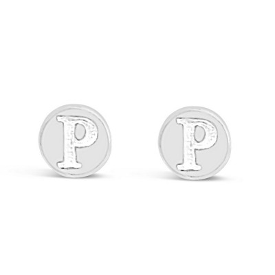 STERLING SILVER EARRING STUD ROUND INITIAL P CARVED 6