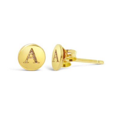 STERLING SILVER EARRING STUD ROUND INITIAL A CARVED-GOLD PLATED 6