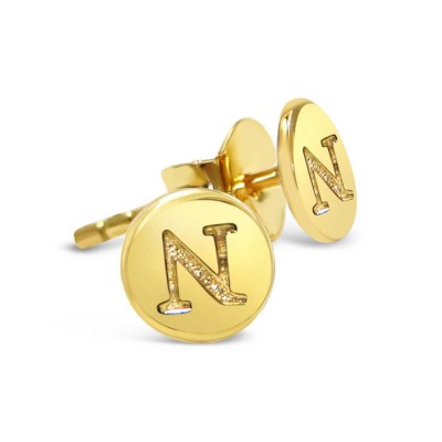 STERLING SILVER EARRING STUD ROUND INITIAL N CARVED-GOLD PLATED 6
