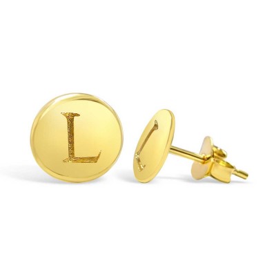 STERLING SILVER EARRING STUD ROUND INITIAL L CARVED-GOLD PLATED
