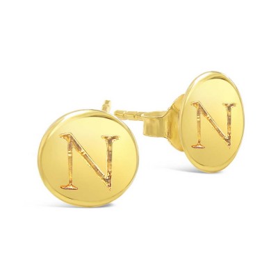 STERLING SILVER EARRING STUD ROUND INITIAL N CARVED-GOLD PLATED