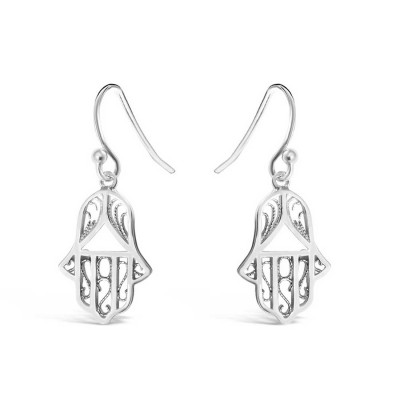 Sterling Silver Earring Hamsa Filigree With Fish Wire*Rhodium P