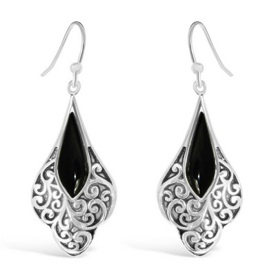 Sterling Silver Earring Bali Tear Drop Wavy Bottom Oxidzed Blac 2S-6819N
