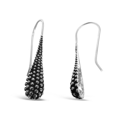 Sterling Silver Earring Long Teardrop Dome Oxidized Beaded Sur
