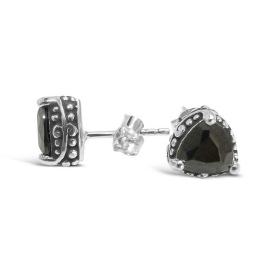 Sterling Silver Earring Stud Oxidized Side Triangle Black Cubic Zirconia