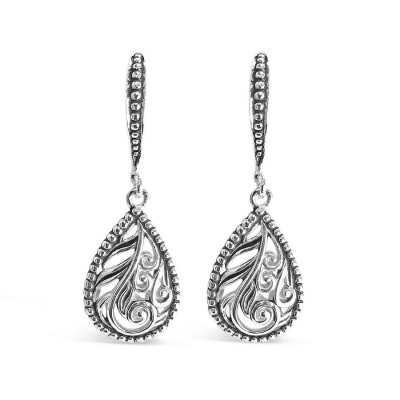 Sterling Silver Earring Tear Drop Filigree Wavy Oxidized Oxidiz