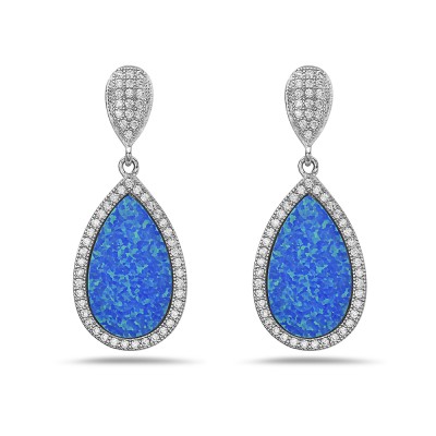 Sterling Silver Earring Tear Drop Pave Top Tear Drop Blue Synth