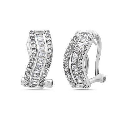 Sterling Silver Earring Baguette Clear Cubic Zirconia Wavy Line Omega Back