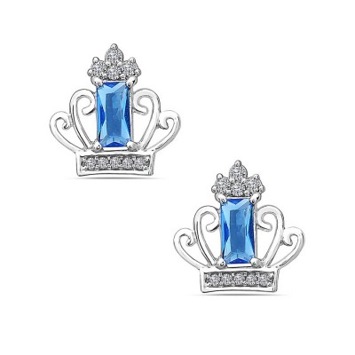 Sterling Silver Earring Stud Crown Tanzanite Glass Baguette Cle