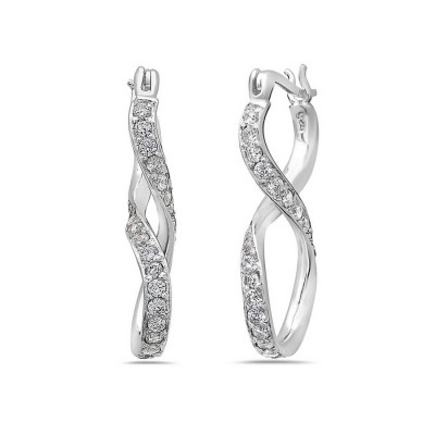 Sterling Silver Earring 8 Shape Clear Cubic Zirconia One Line Hoop