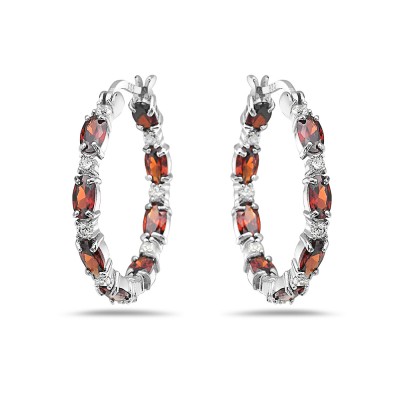 Sterling Silver Earring Hoop Marquise Garnet Cubic Zirconia And Round Clear