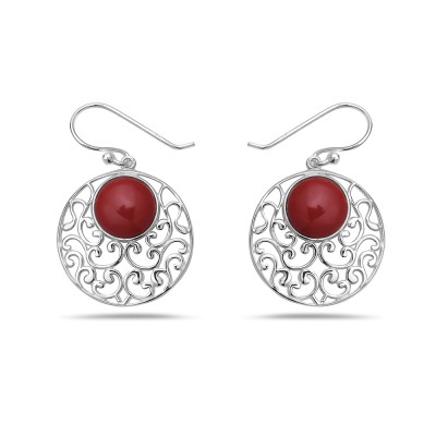 Sterling Silver Earring Round Dangle Reconstituent Coral Filig