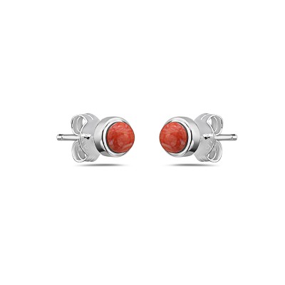 Sterling Silver EARRING STUD TINY ROUND RECONSTITUENT ORANGISH CORAL-2S-7062CR2