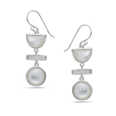 Sterling Silver EARRING DANGLE ROUND BAR SEMI-CIRCLE Mother of Pearl-2S-7161M