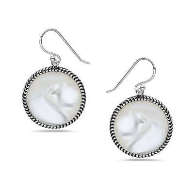 Sterling Silver EARRING ROUND MOTHER OF PEARL ROPE LINE AROUND -2S-7175M