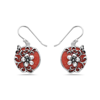 Sterling Silver EARRING DANGLE ROUND RECONSTITUENT ORANGISH COR-2S-7203CR2