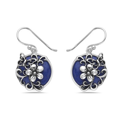 Sterling Silver EARRING DANGLE ROUND RECONSTITUENT LAPIS STONE -2S-7203LP
