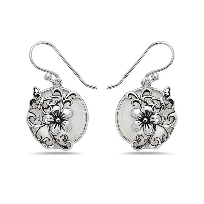 Sterling Silver EARRING DANGLE ROUND MOTHER OF PEARL FLOWER BUT-2S-7203M
