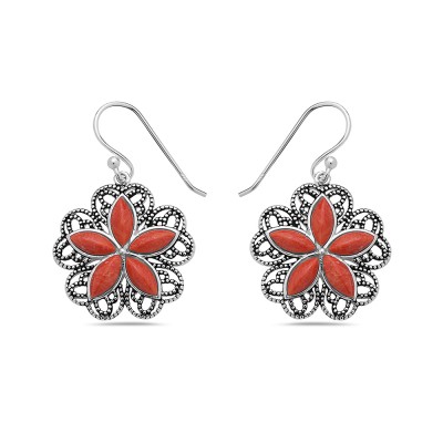 Sterling Silver EARRING DNAGLE FLOWER FIVE PETALS RECONSTITUENT CORAL-2S-7215CR2