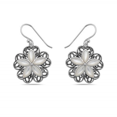 Sterling Silver EARRING DANGLE FLOWER FIVE PETALS MOTHER OF PEARL-2S-7215M