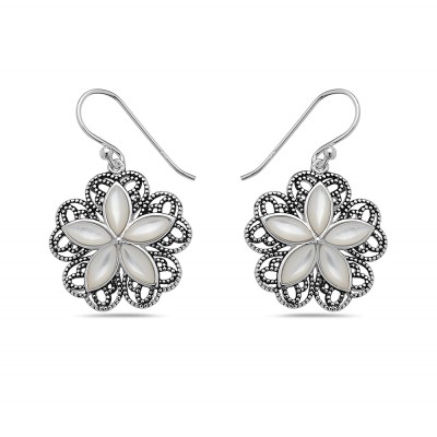 Sterling Silver EARRING DANGLE FLOWER FIVE PETALS MOTHER OF PEARL-2S-7215M