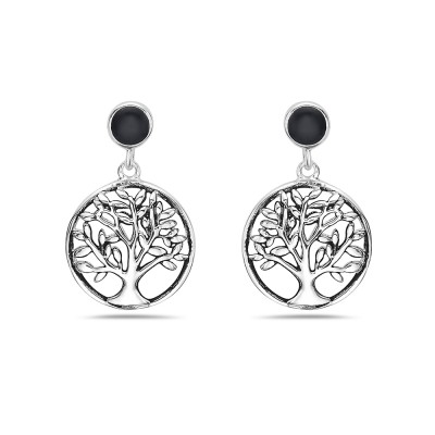 Sterling Silver EARRING DANGLE ROUND TREE OF LIFE ROUND ONYX TO