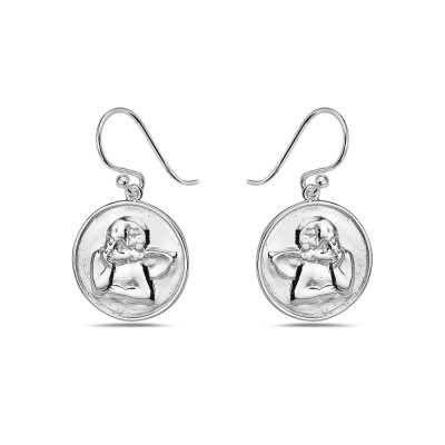 Sterling Silver EARRING DANGLE ROUND SHAPE RAPHAEL ANGEL EMBOSSED 