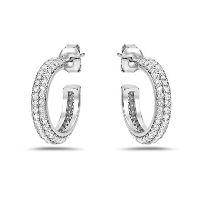 Sterling Silver EARRING HOOP PAVE CZ 3 SIDES ROUND 16 MM