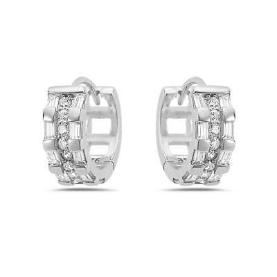 Sterling Silver EARRING HUGGIE SIDE BAGUETTE LINE CENTER ROUND