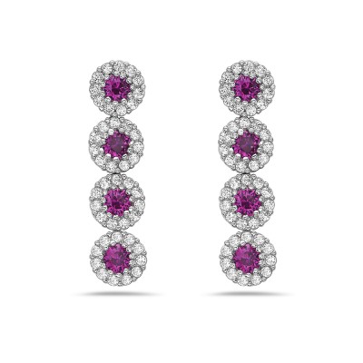 Sterling Silver EARRING DANGLE LINEAR 4 ROUND SYNTHETIC RUBY WI