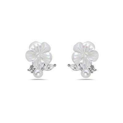 Sterling Silver EARRING ON EAR MOTHER OF PEARL FLOWER WITH CZ A