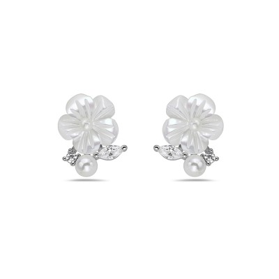 Sterling Silver EARRING ON EAR MOTHER OF PEARL FLOWER WITH CZ A