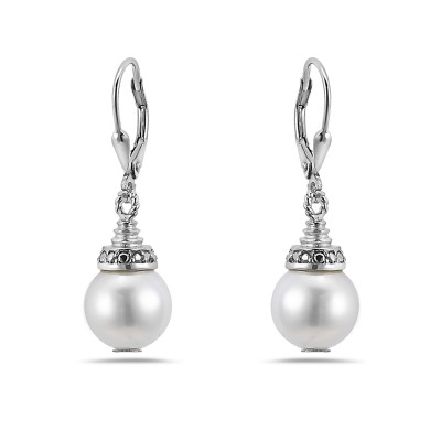 Sterling Silver EARRING DANGLE CONE CAP WITH FAUX WHITE PEARL