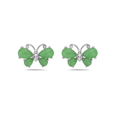 Sterling Silver  EARRING BUTTERFLY STUD  GREEN BURMESE JADE ON W-2S-7293J