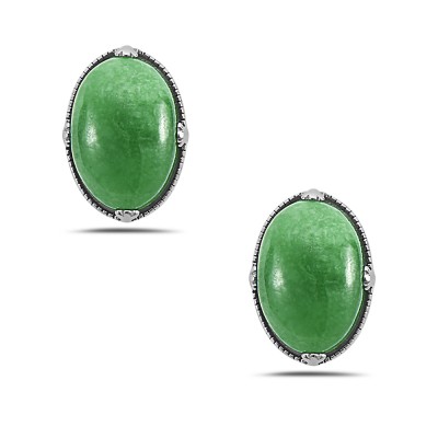 Sterling Silver EARRING STUD OVAL BURMESE GREEN JADE-2S-7294J