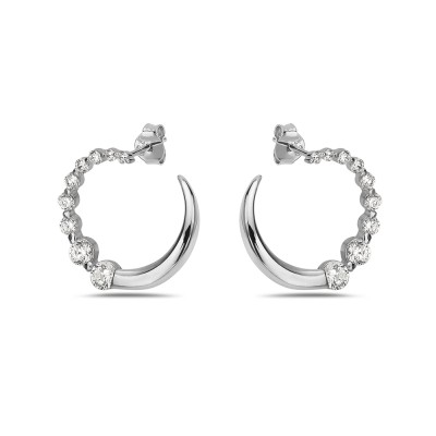 Sterling Silver EARRING OPEN CIRCLE HALF Cubic Zirconia HALF PLAIN POST ON -2S-7307CL