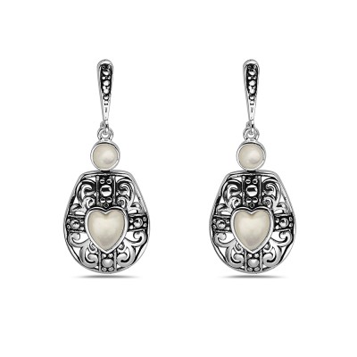 Sterling Silver EARRING DANGLE MOTHER OF PEARL ROUND AND HEART -2S-7312M