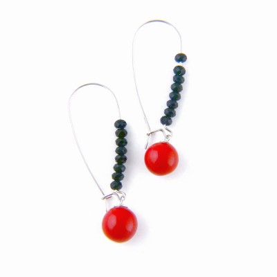 Sterling Silver EARRING LONG KIDNEY WIRE BLACK CRYSTAL ALONG THE LINE WITH RED RECONSTITUENT CORAL DROP-2S-7315CRBK